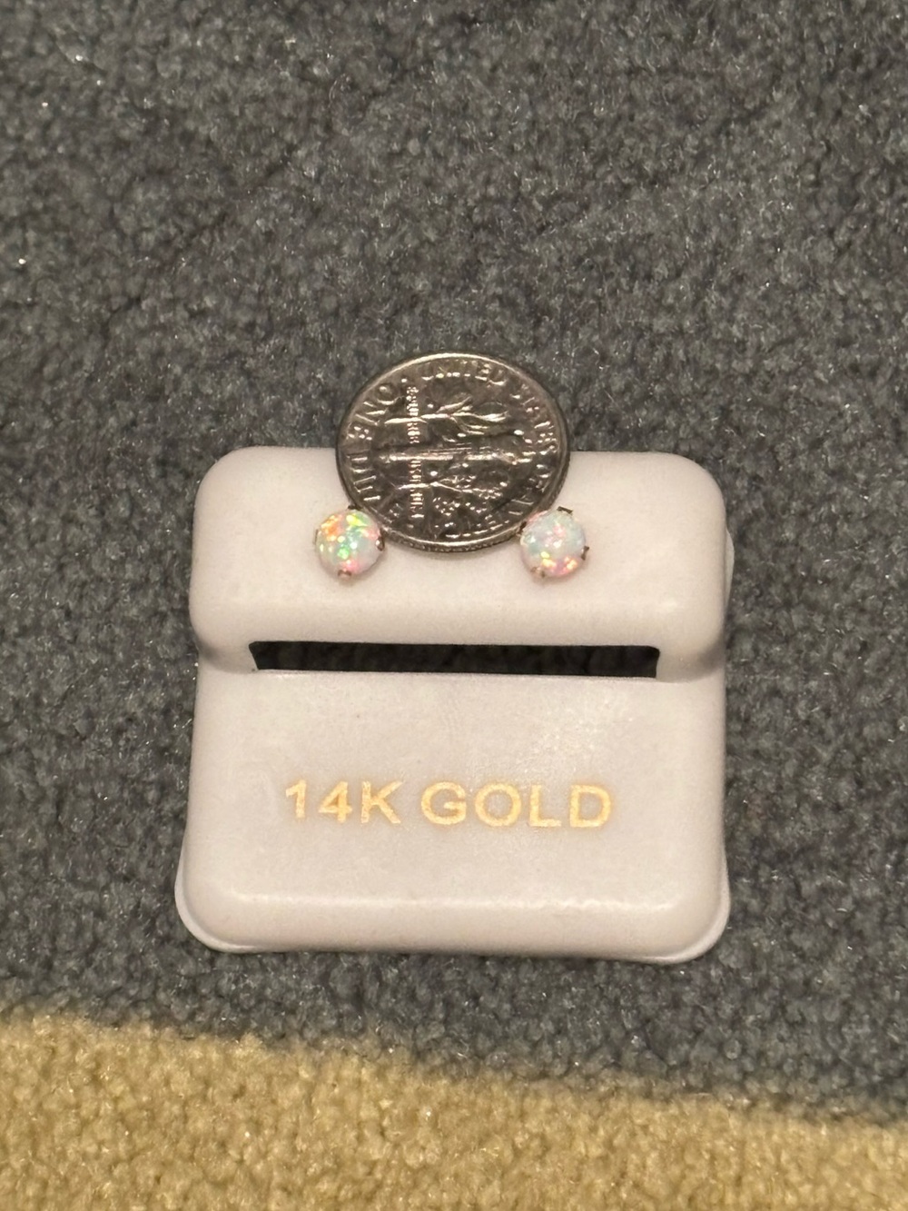 14K Gold Opal Stud Earrings - White Opal Sparkle - Picture 7 of 7